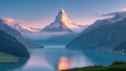 Mountain landscape with a prominent peak, a serene lake, and surrounding hills during sunset or sunrise. Natural scenery and alpine environment.