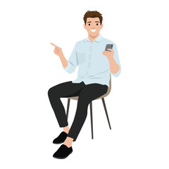 Smiling Man Sitting with Phone while pointing with the other. Flat vector illustration isolated on white background
