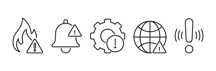 Alert and safety icons for system notification fire emergency globe settings danger communication interface web symbol vector illustration isolated set.