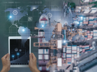 Hands holding a tablet with digital interface analyzing global logistics data, overlaying a cargo port background with a world map and futuristic tracking icons.