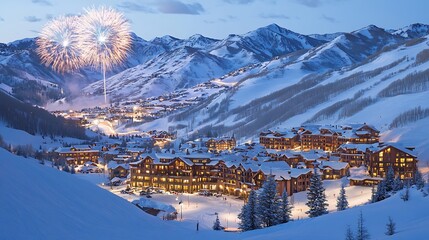 Snowy mountain village at twilight with fireworks.