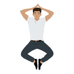 Man Meditating in Mid Air Jump. Flat vector illustration isolated on white background