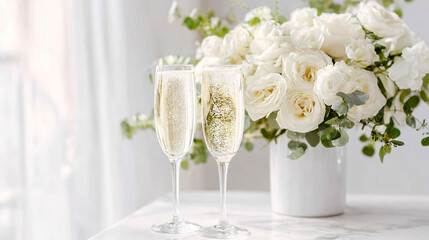 Luxurious Toast with Champagne and White Roses in Elegant Vase