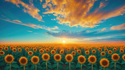 Sunflower field at sunset with vibrant sky and dramatic clouds, capturing the beauty of nature and the serenity of a sunset over a sunflower farm.