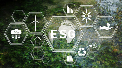 ESG icons concept on blurred nature background.