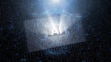 Futuristic artificial intelligence AI motherboard with sphere and glowing light background illustration.