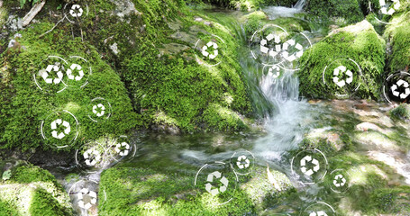 Mossy stones in a sunny virgin creek with recycle icons illustration.