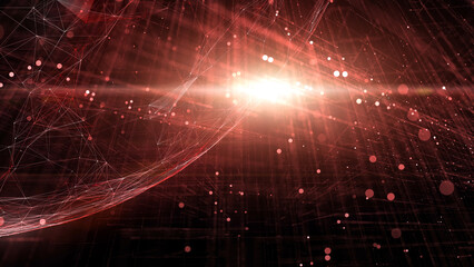 Futuristic red sphere cyberspace network with spot light lines and dots illustration.