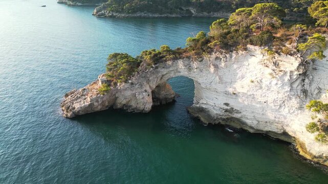 Aerial view of the beautiful Arco di San Felice close to Vieste, Gargano Peninsula, Puglia, Italy.
