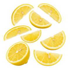 Fototapeta premium Isolated Lemon Slices and Whole Fruit on Black Background