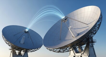 Two satellite dishes communicate, sending and receiving data streams represented by blue light beams against a clear blue sky.