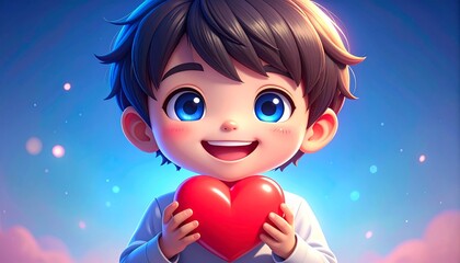 Adorable chibi girl with cat ears, bright blue and white hair, and cheerful expression, hugging a heart, perfect for kids’ products, kawaii fashion, cartoons, or romantic themes.