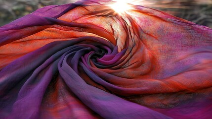 Long exposure 35mm shot of twirling fabric outdoors, bright natural backlight, dynamic swirling colors blending with soft background, emphasizing movement and texture