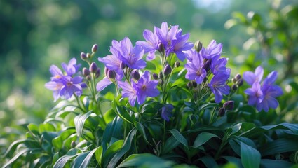 Fototapeta premium A bunch of purple flowers with green leaves in sunlight.