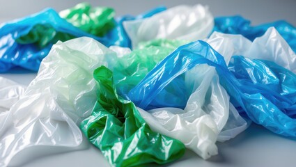 Obraz premium Colorful crumpled plastic bags in green, blue, and white shades.