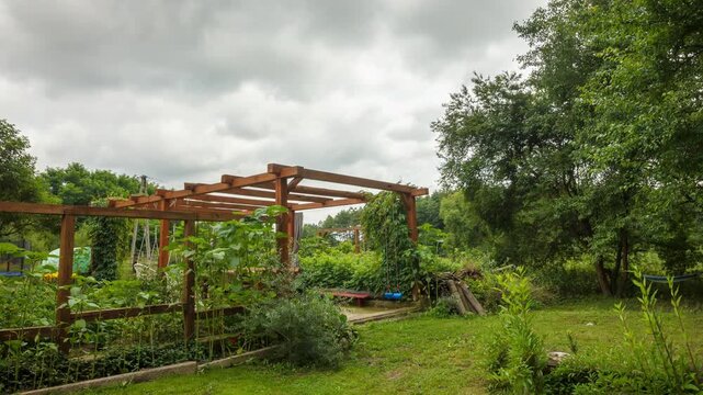 Motion of clouds over wooden pergola and backyard. Time lapse video.