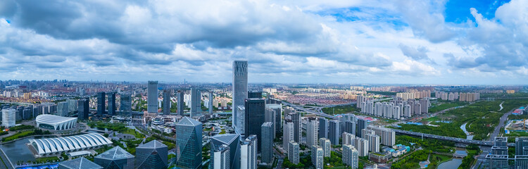 Panoramic Aerial view of Shanghai’s Qiantan International Business District on sunny day.