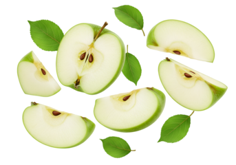Isolated Green Apple Slices With Leaves