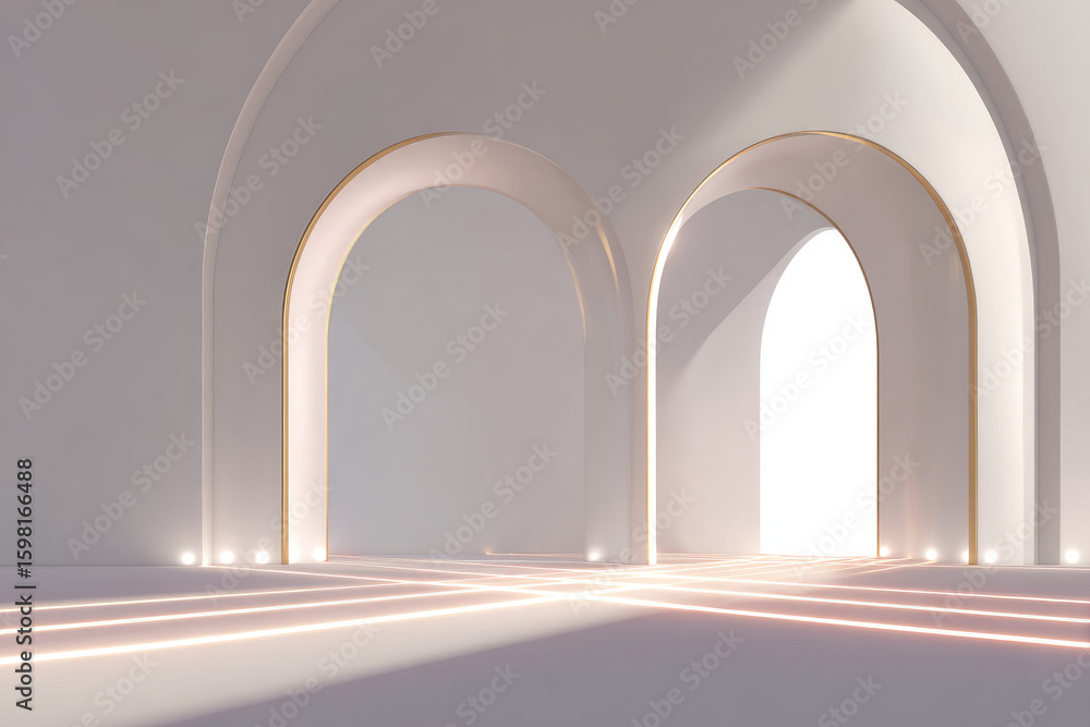 Poster minimal arch background with curved shadows soft light white wall gold trim modern architecture empt