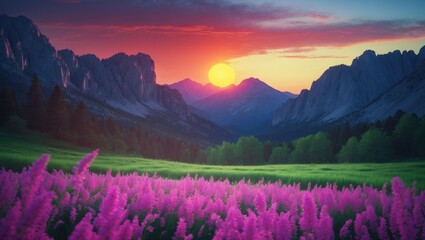 Sunset over mountain range with vibrant pink flowering plants in a lush green valley.