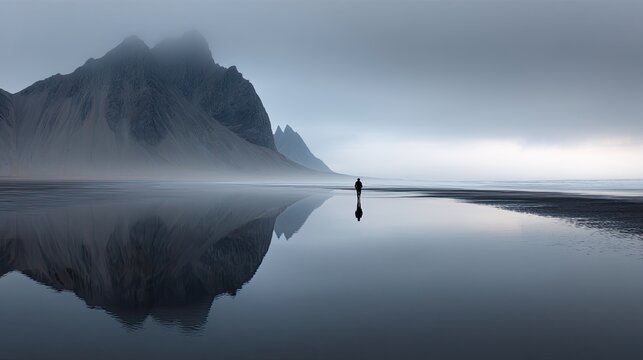 Misty Icelandic beach with lone figure reflected - Powered by Adobe