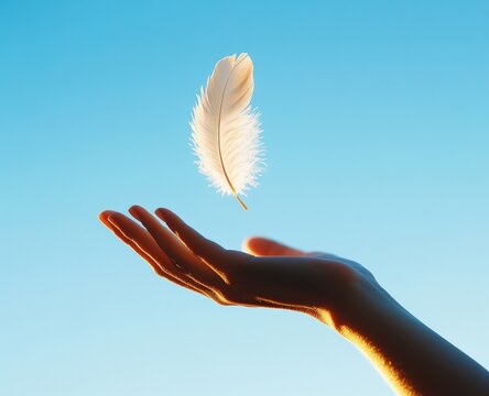A delicate white feather floats above an outstretched hand against a clear blue sky, symbolizing lightness and freedom.