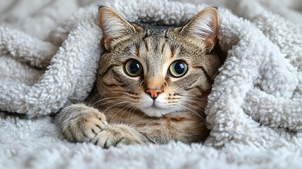 Tabby cat nestled in a soft, gray blanket.