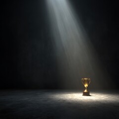 **A Realistic 3D Render Of A Golden Trophy Placed On A Textured Dark Stone Surface, Illuminated By A Focused Spotlight From Above In An Otherwise Pitch-Black Studio Setting. The Scene Evokes A Sense O