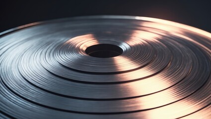 Close-up of a metallic disc with concentric circles and a central hole, reflecting light.