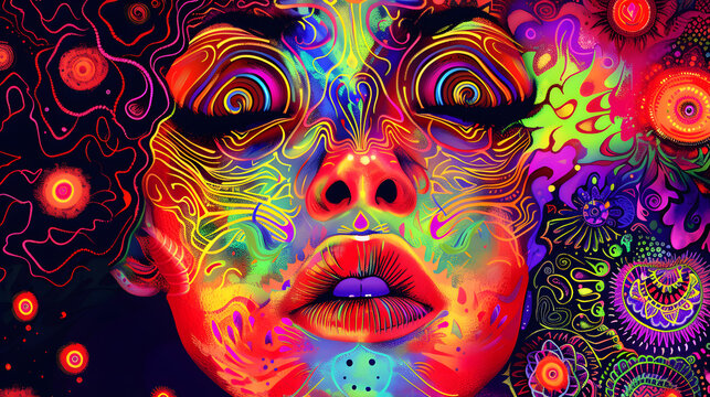 Retro psychedelic funkadelic bright neon portrait of a woman, liquid abstract pattern. New quality.