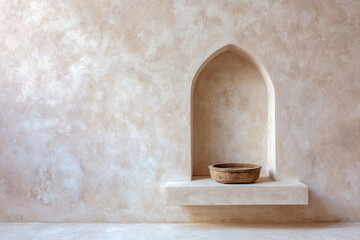 Sun bleached plaster wall with empty arched niche rustic bowl minimal interior neutral color Mediterranean style serene atmosphere textured surface natural light