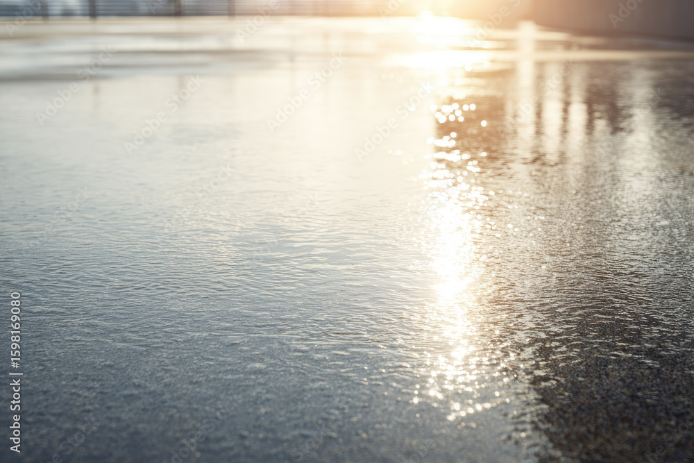 Poster sunlight reflecting on shallow water puddle over smooth concrete surface, creating calm and serene a
