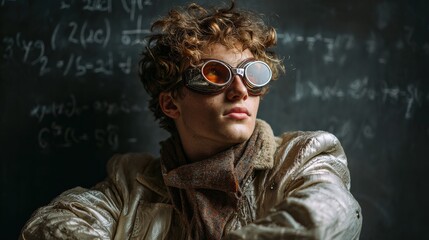 Innovative young scientist in steampunk style laboratory portrait indoor close-up creative concept