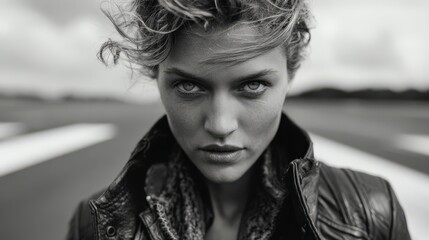 Fashion model posing confidently on runway black and white photography urban setting close-up perspective