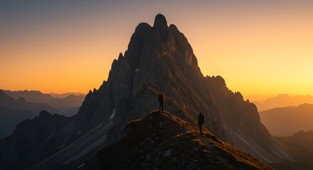 Two hikers silhouetted on a mountain ridge at sunset with peaks in the distance