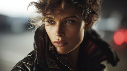 Captivating portrait of a young woman urban setting fashion photography dramatic lighting close-up view expression of confidence