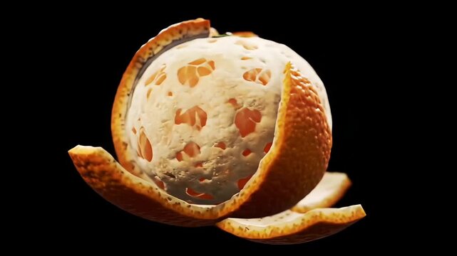 A partially peeled orange, revealing its white pith and inner segments, stands out against a stark black background