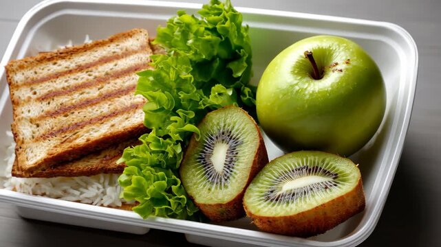 Healthy lunch box featuring rice, whole grain bread, lettuce, kiwi, and apple prepared for nutritious meal on a busy day