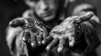 Struggling worker reaches out for help industrial setting black and white photography emotional environment close-up view symbol of despair