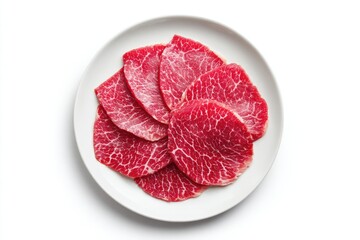 Raw beef slices on a white plate
