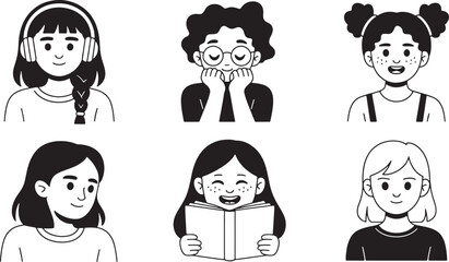 Monochrome Cartoon Girl Illustrations with Various Hairstyles on Transparent Vector Art