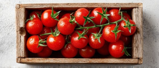 Fresh cherry tomatoes in rustic wooden crate