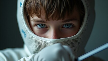 Focused child fencer in protective mask, close-up intense gaze before the match