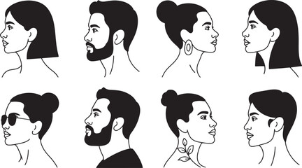 Fototapeta premium Monochrome Profile Portraits with Diverse Hairstyles on Transparent Background Vector