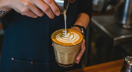 Barista pouring milk into coffee creating latte art in a glass cup close up