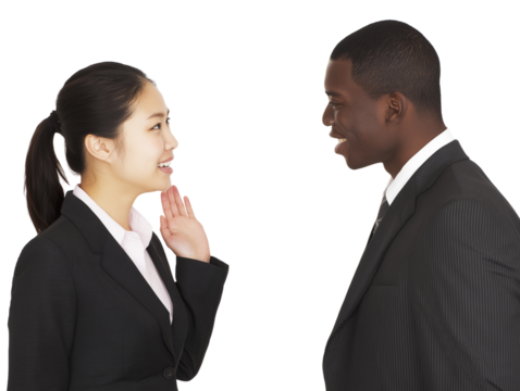 Woman talking to man in business style isolated on transparent or white background, png