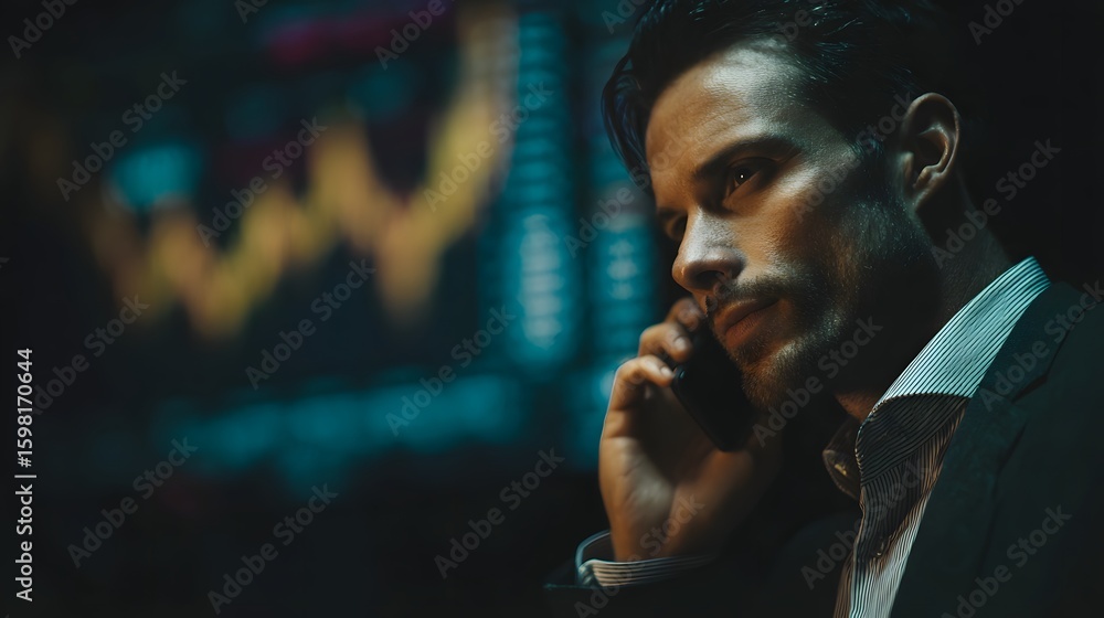 Poster focused trader speaking on phone with live market data