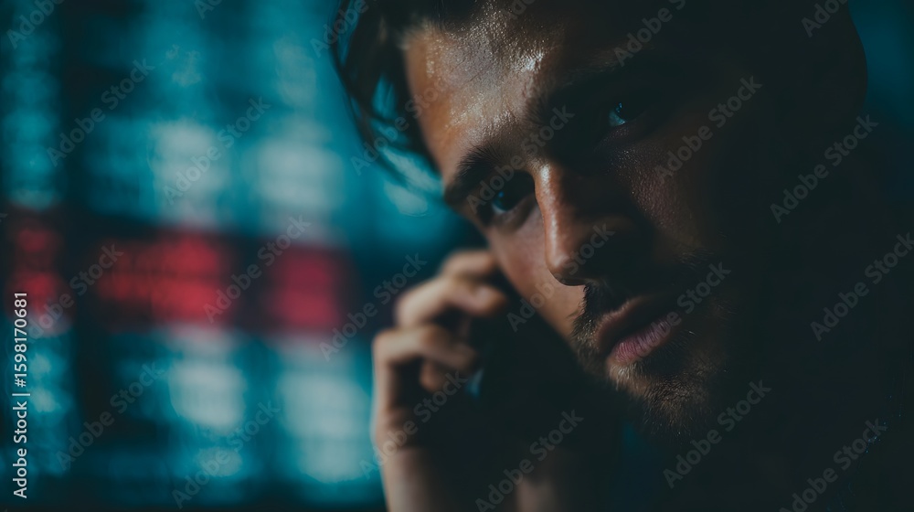 Poster intense trader speaking on phone with live market data displayed in the background