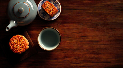 elegant Mid-Autumn festival decorations arranged on a dark wooden table. Featuring a single, ornate mooncake and a small, ceramic teacup.