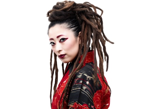 Japanese woman with dreadlocks in kimono isolated on transparent or white background, png